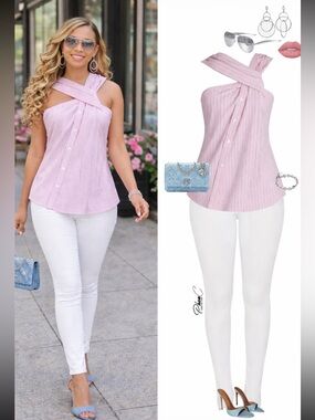 BNWT THE TWIST NECK TOP BY KAHLANA
IN PINK STRIPE SLEEVELESS CRISSCROSS DESIGN